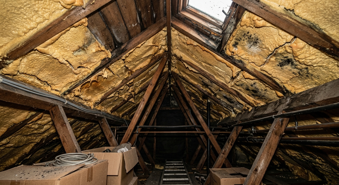 UK loft with deteriorating yellowed spray foam insulation covering roof rafters - causing mortgage rejection